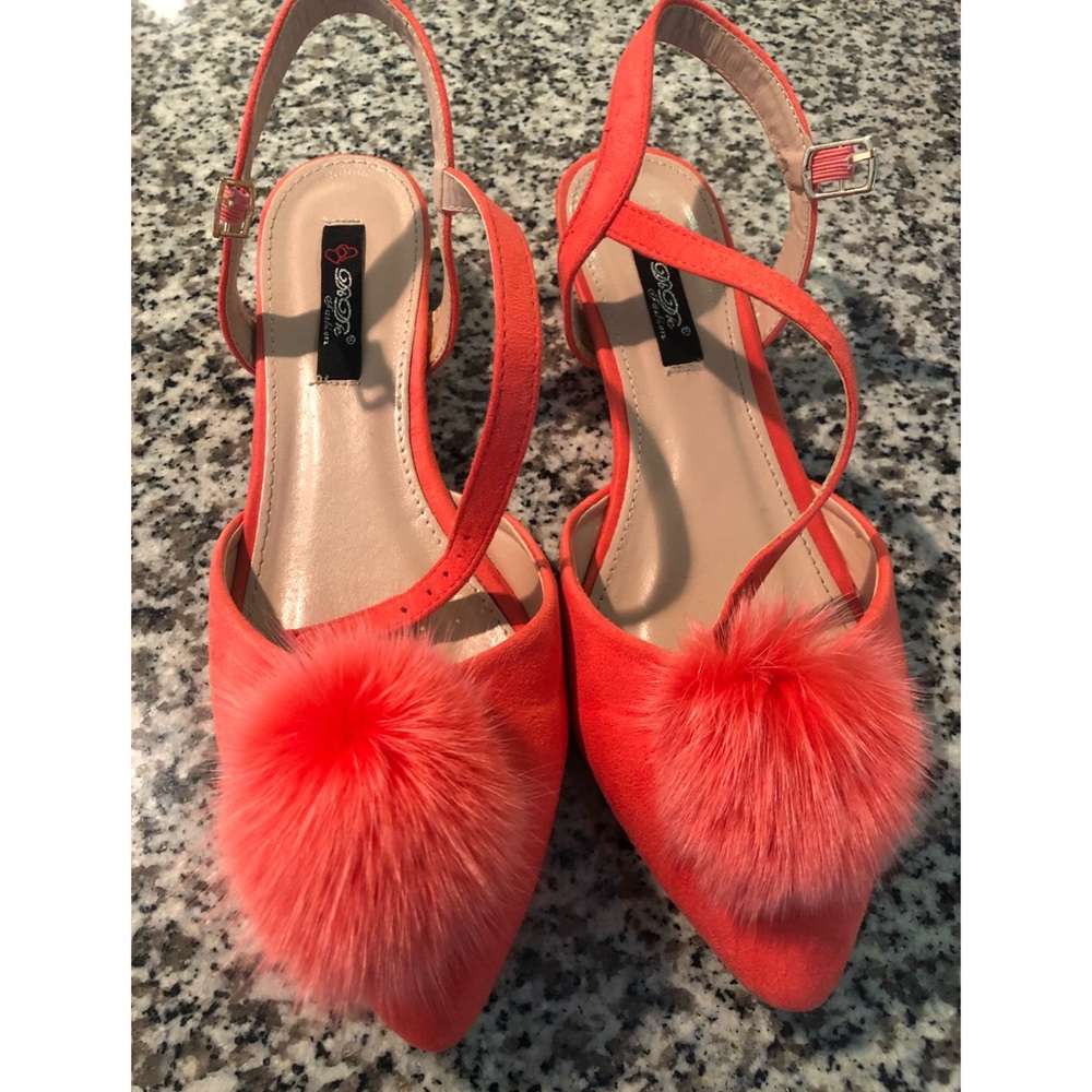 Coral Pom Pom Kitten Wedge Sandals